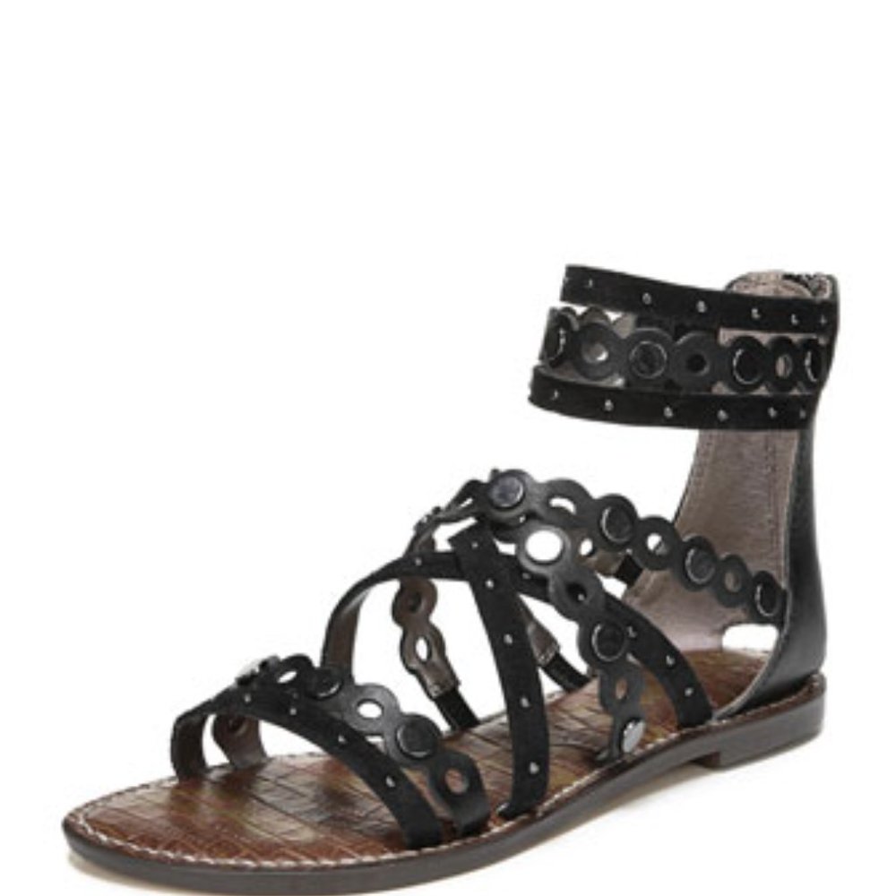 Sam Edelman Geren Modena Black Suede/Leather Flat Caged Sandals size 9M EUC!